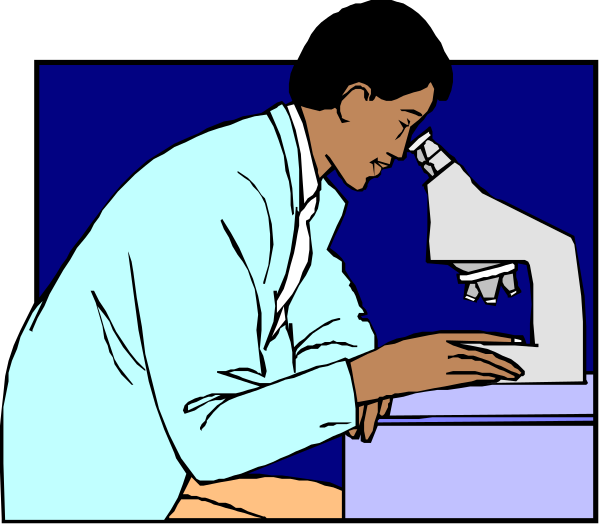 The image shows a cartoon of an adult male scientist at his workstation with microscopes under magnification, looking through one while another is on display beside him; he's wearing glasses and lab attire in front of what appears to be a blue background that suggests it might represent the night sky.