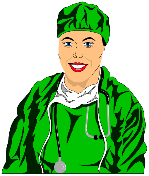 The image shows a cartoon of an older woman wearing scrubs with stethoscope around her neck, sitting at desk in front of computer monitor displaying medical records.