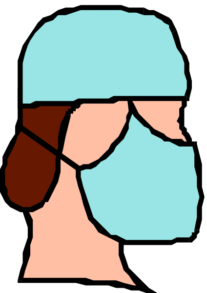 The image shows a cartoon of an individual wearing medical scrubs with blue face mask covering their nose and mouth area; only eyes can be seen through cutouts in front of it.