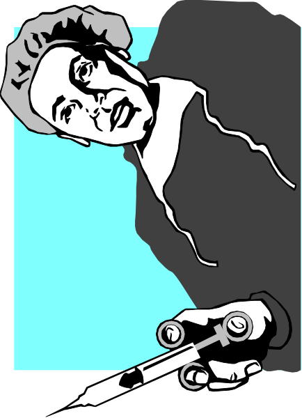 The black and white illustration features a person holding an object that resembles a gun with their left hand while standing against a blue background on what appears to be a poster board surface.