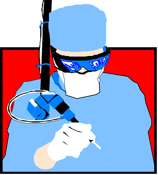 The image shows a cartoon of an adult male surgeon wearing blue scrubs with white gloves holding surgical instruments while standing in front of what appears to be medical equipment such as monitors and machines typically found in operating rooms, suggesting that this is set within a hospital or surgery center environment.
