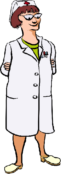 The illustration shows a cartoon nurse standing against a black background with her arms crossed over her chest; she is wearing glasses on top of her head, has short hair, wears white shoes, and holds what appears to be an instrument in one hand while looking directly at the viewer.