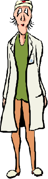 The image shows a cartoon of an adult male character wearing glasses standing next to another man who is dressed as a doctor in white coat with stethoscope around neck; both characters appear to be superimposed onto photographic background, which seems blurred but suggests outdoor setting during daytime due to lighting.