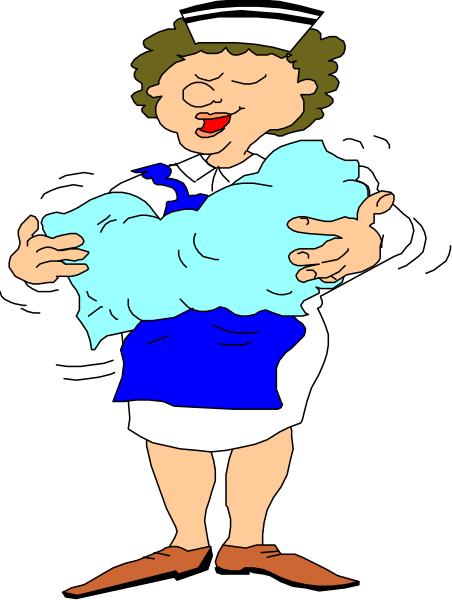The cartoon depicts a nurse holding up two large blue pillows with her hands while standing on what appears to be an operating table in front of a black background.