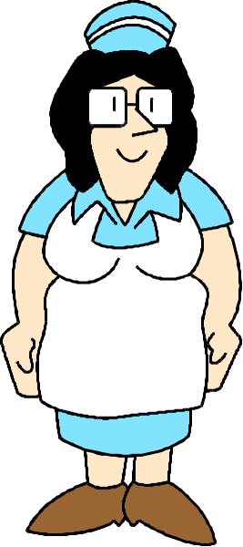 The cartoon depicts a woman wearing an apron standing next to what appears to be a wall with vertical lines; she is smiling at something off-camera while looking directly ahead of her.