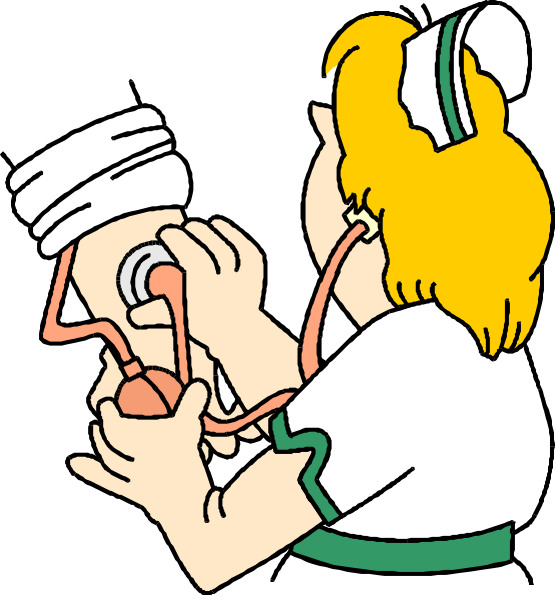 The cartoon shows a nurse holding an IV drip bag with her left hand while looking at it intently; she is wearing white shoes and has blonde hair tied in pigtails.