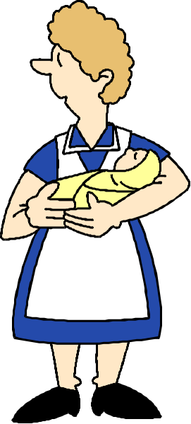The cartoon depicts a woman holding an infant while standing next to what appears to be a wall with stripes; she is wearing a nurse's uniform consisting of blue dress shirt, white skirt, black apron and cap.