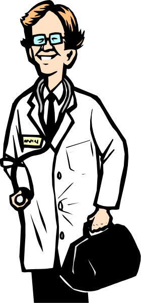The image shows a cartoon of an adult male doctor standing with his hands on hips against a dark background; he is wearing glasses, has short hair, wears a white lab coat over what appears to be casual clothing and holds a stethoscope around his neck.