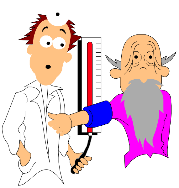 The cartoon shows a doctor with an exaggeratedly large thermometer pointing to his chest while another character looks on concernedly; both characters appear surprised by something off-frame.
