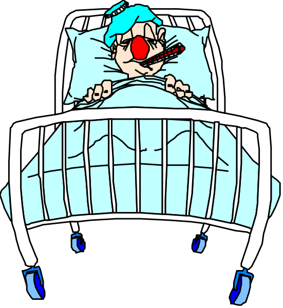 The cartoon shows a man lying on his back inside an iron bed frame with wheels attached to it; he is holding onto something red in front of him while wearing blue pajamas and has clown makeup, including white face paint, exaggerated nose, mouth, eyes, and hair.