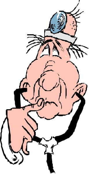 The image shows a cartoon of an elderly man with glasses holding his chin thoughtfully while standing next to what appears to be a medical chart on a clipboard in front of him; he is wearing a white coat, suggesting that this could represent a doctor's office or examination room setting.