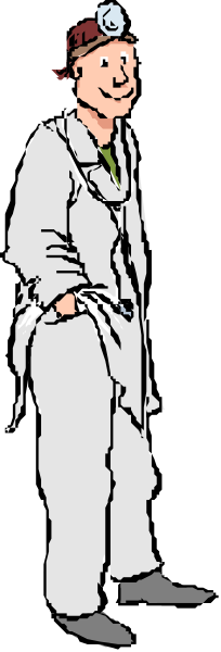 The image shows a cartoon of an adult male doctor standing against a dark background with his hands on hips; he is wearing white lab coat over blue scrubs, stethoscope around neck, glasses hanging from shirt collar and black shoes.