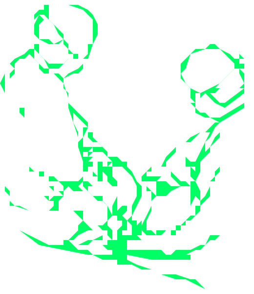 The image shows a pixelated representation of an abstract figure with two arms raised above its head against a dark background.