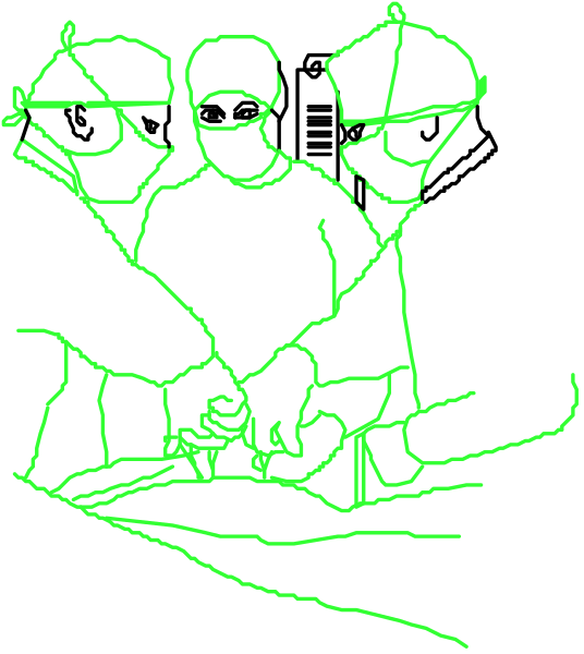 The image shows a black and white line drawing of three individuals who appear to be medical professionals attending to an emergency situation with equipment around them; there is no text present in this clip-art image.