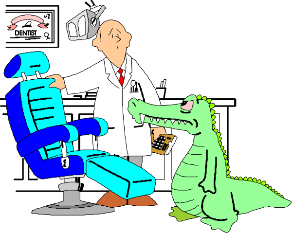 The cartoon shows a dentist's office with two alligators sitting on chairs; an animated character is standing next to one of them holding up its paw as if it wants attention from another person who appears surprised and has their hand over their mouth, while in front of the scene there are three floating icons: a magnifying glass for examining details closely, a clipboard with check marks indicating approval or reviewing information, and an exclamation mark suggesting surprise. The background is black to emphasize these elements. There's no text present on this image.