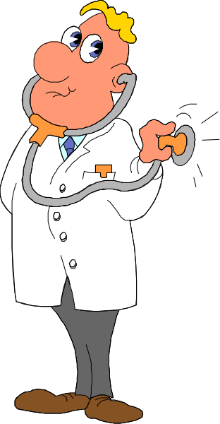 The cartoon depicts a male doctor standing with his hands on hips while holding a stethoscope around his neck; he is wearing glasses over eyes that look surprised or puzzled at something off-camera, and there's an orange clipboard in front of him.