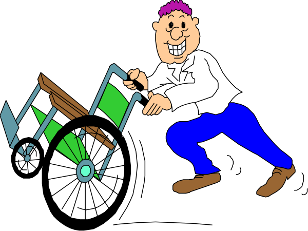 The cartoon depicts a man pushing an object that resembles a wheelbarrow with wheels on it while holding onto handles at either end of what appears to be two poles connected by rods; he is wearing blue jeans and has short hair, smiling as if exerting effort in his task.