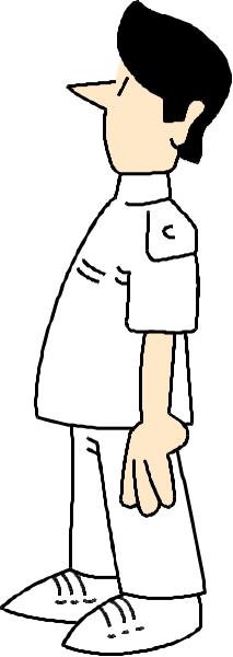 The cartoon shows a character standing against a black background with his back to us; he is wearing white shoes, blue pants, and has short hair.