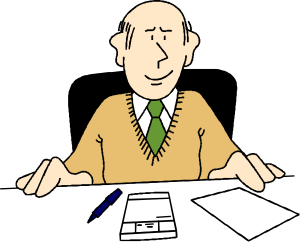 The cartoon shows a man sitting at his desk with papers on it; he is wearing glasses and has gray hair. He appears to be deep in thought while looking downward towards some documents that seem important for him, possibly related to work or business matters given their formal appearance.