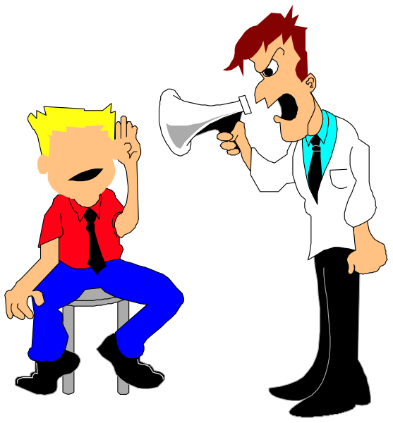The cartoon shows a man with glasses holding an amplifier to his ear while standing next to another person who is sitting on a chair in front of him; both characters appear surprised by something happening off-screen, and there's no text present.