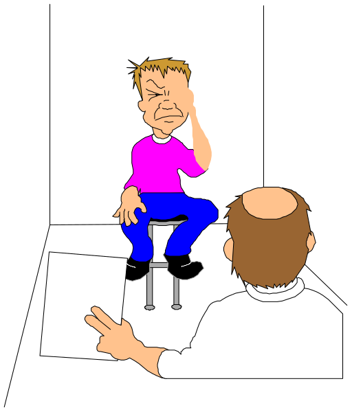 The cartoon shows a man sitting on a stool with his hand to his head as if he's confused or in pain; another person is standing next to him holding up an object that looks like it could be used for measuring, possibly indicating some sort of assessment being conducted by the seated individual.