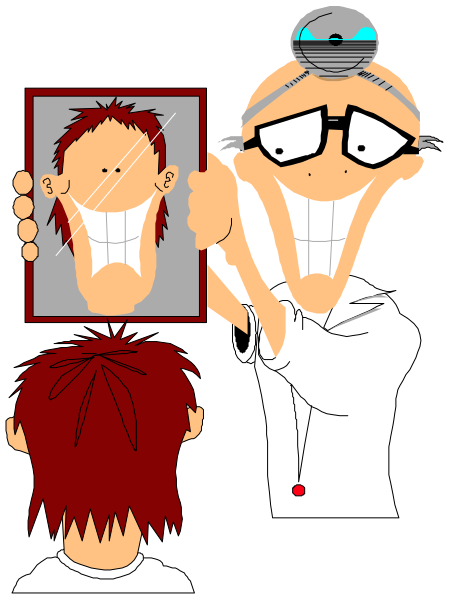 The cartoon shows a man with glasses holding up an oval mirror to his face while another character looks on from behind him; there is also a small image of someone's head in front of them both, and below that, two characters appear as if looking at each other through the reflection in the mirror.