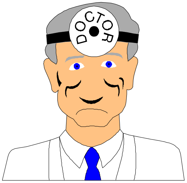 The cartoon shows a caricature of an older man with glasses wearing a doctor's hat that reads "DOCTOR" on it; he has blue eyes and is smiling slightly while looking to his right, as if at something off-camera. He appears to be in good health or condition based on the image provided. The background behind him seems dark but does not provide any additional context about location or setting beyond what can be discerned from this limited view of a small clip art illustration.