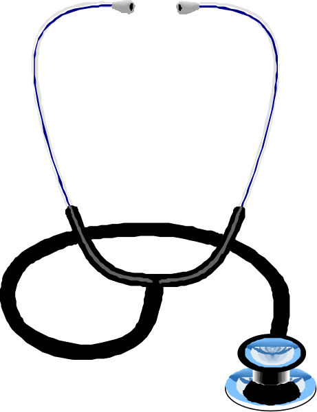 The image shows a stethoscope with blue earpieces on it against a black background; there is also an object that resembles a small spool of thread in front of the stethoscope, and two circular objects to its right side which appear to be buttons or dials.