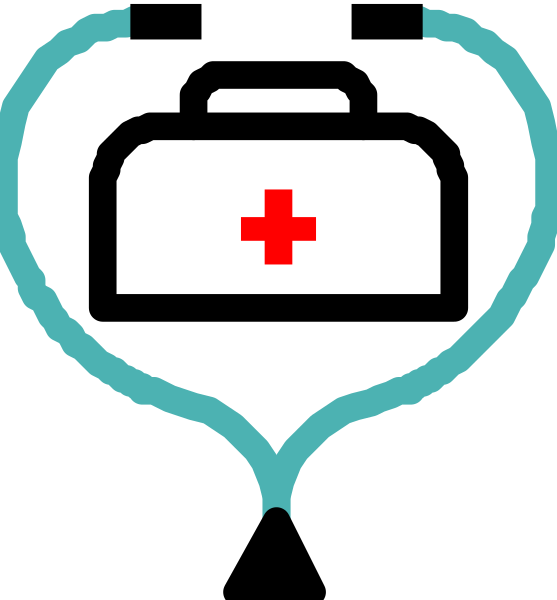 The image shows a black heart with an icon of a cross inside it on its left side and another symbol that resembles a medical kit bag in blue next to it on the right side against a white background, suggesting healthcare themes such as first aid kits or emergency care services.