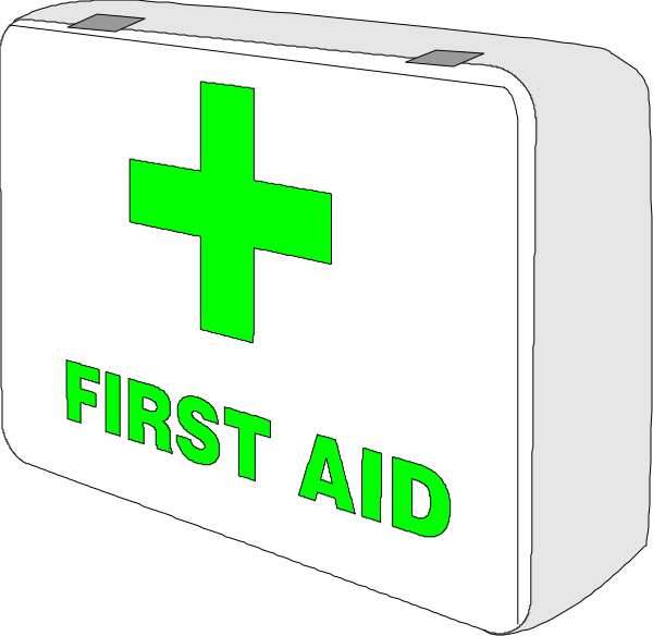 The image shows a white first aid kit with an open lid displaying its contents against a black background; on top of it is another sign that reads "FIRST AID" in bold green letters above a red cross symbol, indicating emergency medical assistance available at this location or event.