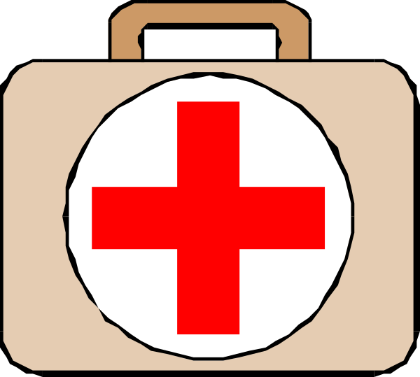 The image shows a cartoon representation of an emergency medical kit with two first aid crosses on it; each has a red circle inside containing white plus signs at their centers.
