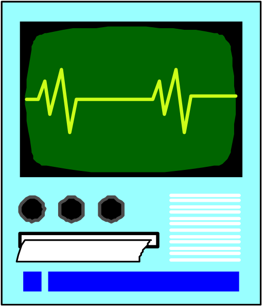 The image shows a vintage computer monitor with an EKG graph on its screen displaying heartbeat lines against a black background; below it is a small keyboard labeled "ELECTRIC KEYBOARD" in blue letters, and to the right of this setup there's what appears to be a microphone or speaker. The overall style suggests that these items are part of an old-fashioned electronic device used for medical monitoring purposes.