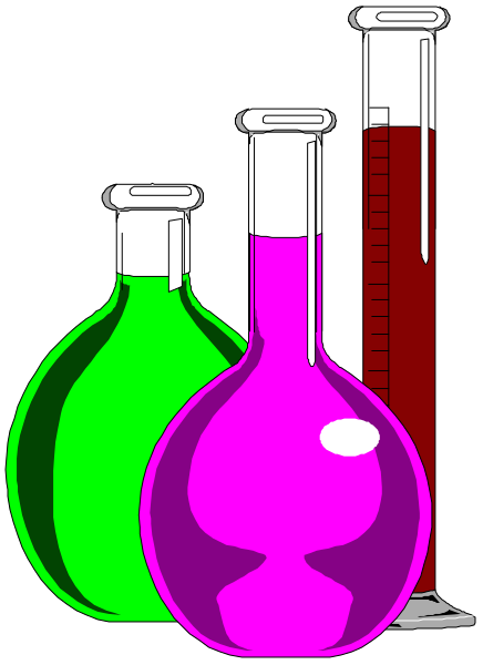 The image shows three colorful glass flasks on a shelf against a dark background with two test tubes placed next to each other in front of them.