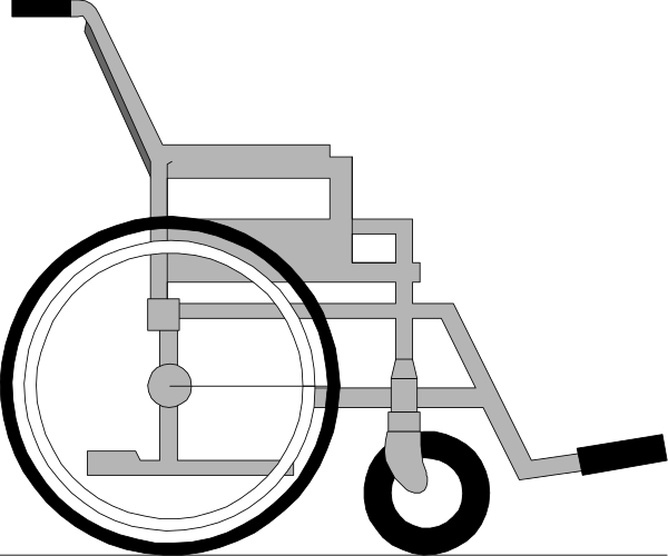 The black and white illustration shows a wheelchair with wheels on either side of it next to an elderly person who is using crutches for mobility assistance in what appears to be an indoor environment such as a home, hospital room, or care facility.