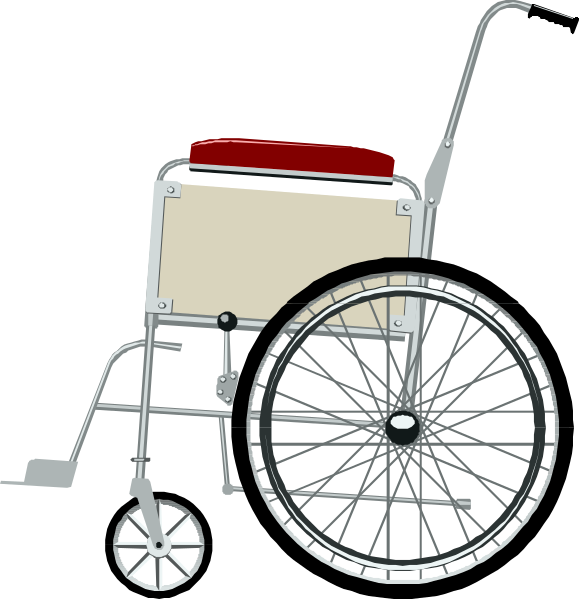 The image shows a wheelchair with red cushions on its seat against a black background; there is no text present within this small clip-art illustration.