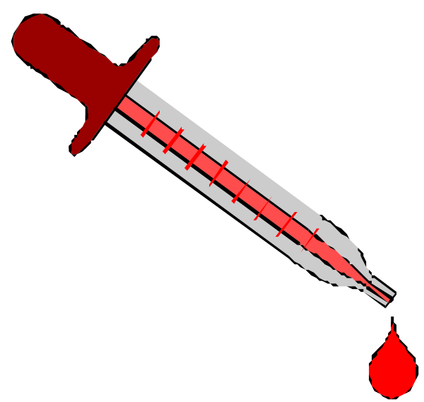 The image shows a syringe with blood dripping from it onto an unseen surface next to what appears to be a knife blade on top of another object that is partially obscured by both items; there's no text present in this clip-art style illustration, and only the objects are depicted.