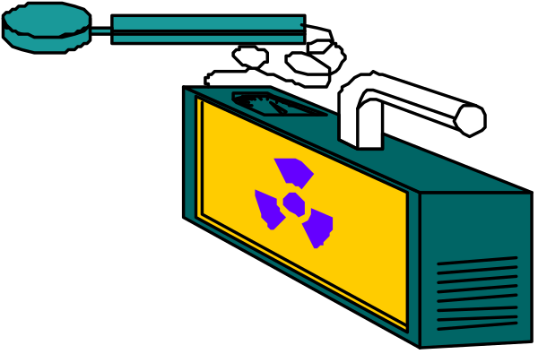 The image shows a cartoon representation of an electronic device with radiation symbols on it against a dark background.