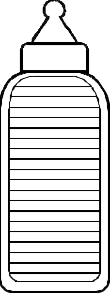 The black and white illustration shows a bottle with stripes on its body placed against a dark background; it is depicted in profile view from left to right.