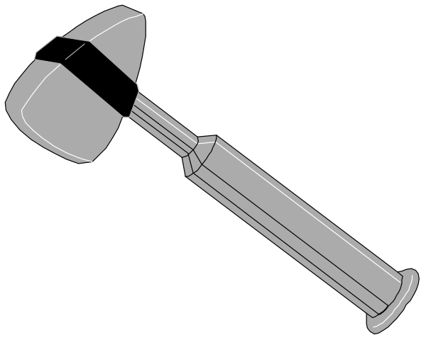 The black and white illustration shows a hammer on top of an adhesive tape dispenser with both items placed against a dark background.