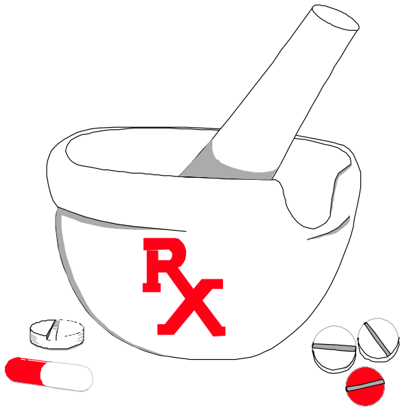 The image shows a cartoon of two different scenes: on top, there's an open mortar with pestle containing pills labeled "RX" (prescription) next to it; below that is another scene where the same mortar and pestle now has red lettering spelling out "R.X."