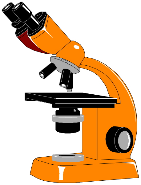 The image shows a simplistic illustration of an orange microscope with two magnifying glasses on top placed against a black background.