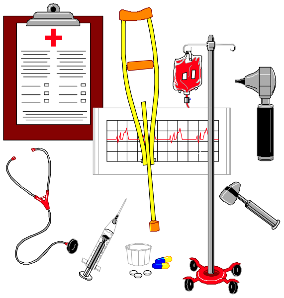 The image shows a collection of medical equipment including an ECG monitor with heart rate lines on it, stethoscope around its neck, blood pressure cuff wrapped around arm, syringe in hand, nurse's hat and clipboard, doctor bag hanging from shoulder, oxygen tank attached to face mask.