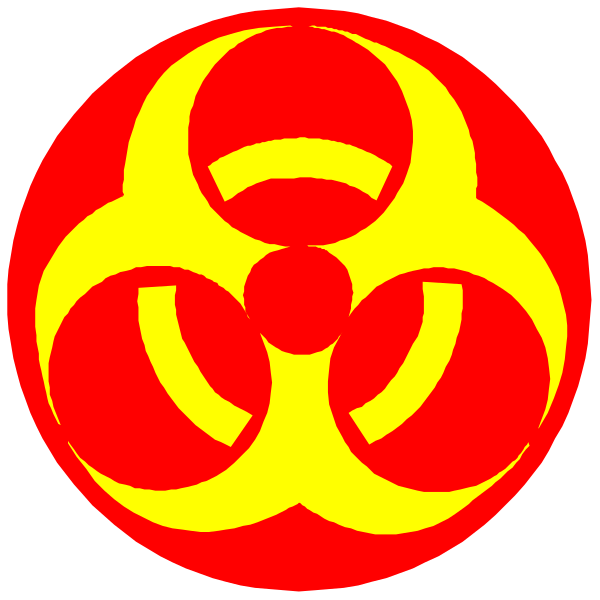 The image shows two hazard symbols: a red biohazard symbol with an exclamation mark inside it on top of another similar sign that has been crossed out in white to indicate danger or prohibition, both set against a black background.