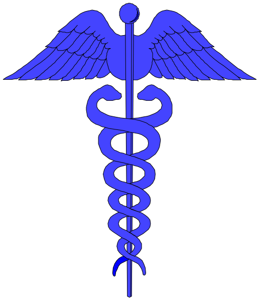 The image shows a stylized blue medical cross with an intertwined snake on top of it inside what appears to be a shield-like emblem against a black background.