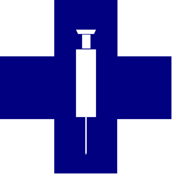 The image shows a blue cross with an injection syringe on it against a black background.