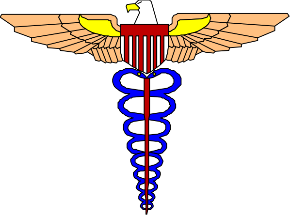 The image shows a stylized graphic of an eagle's head with wings spread out on either side, superimposed over what appears to be medical symbols such as a cross-sectioned pill capsule and a spiral symbol resembling DNA or genetic material in blue coloring against the black background.