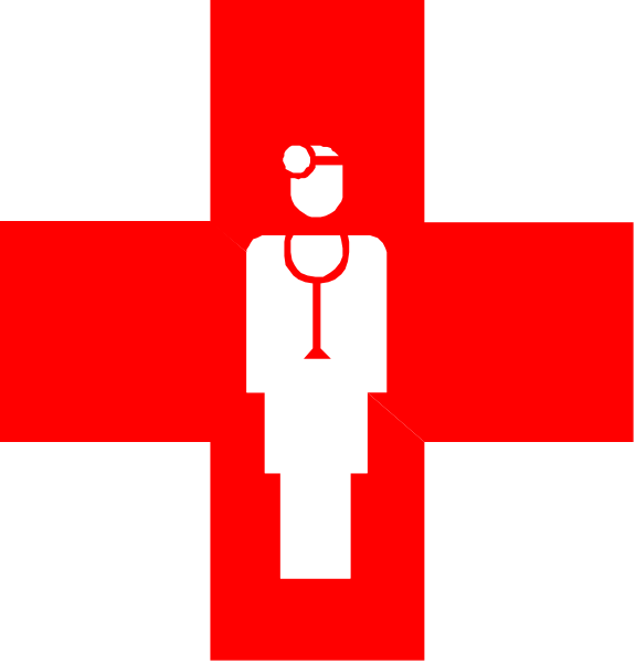 The image shows a red cross symbolizing first aid with an icon of a nurse inside it on its left side against a black background; to its right is another smaller square containing only white space.