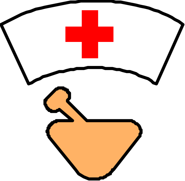 The image shows a red cross symbolizing first aid on top of an orange medical bag with a white plus sign inside it to its right side; below this is a black hammer icon next to a small brown bottle labeled "pain reliever."