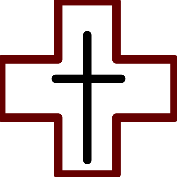 The image shows a red cross on black background with four squares around it forming an X shape at its center.