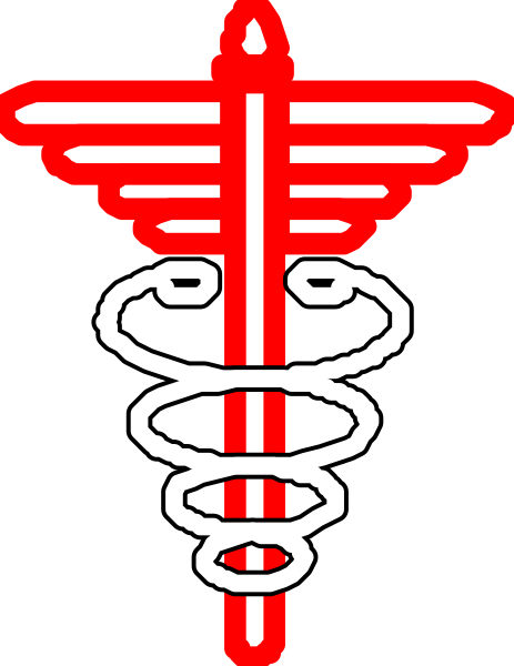 The image shows a stylized red cross with white swirls on either side of it against a black background.